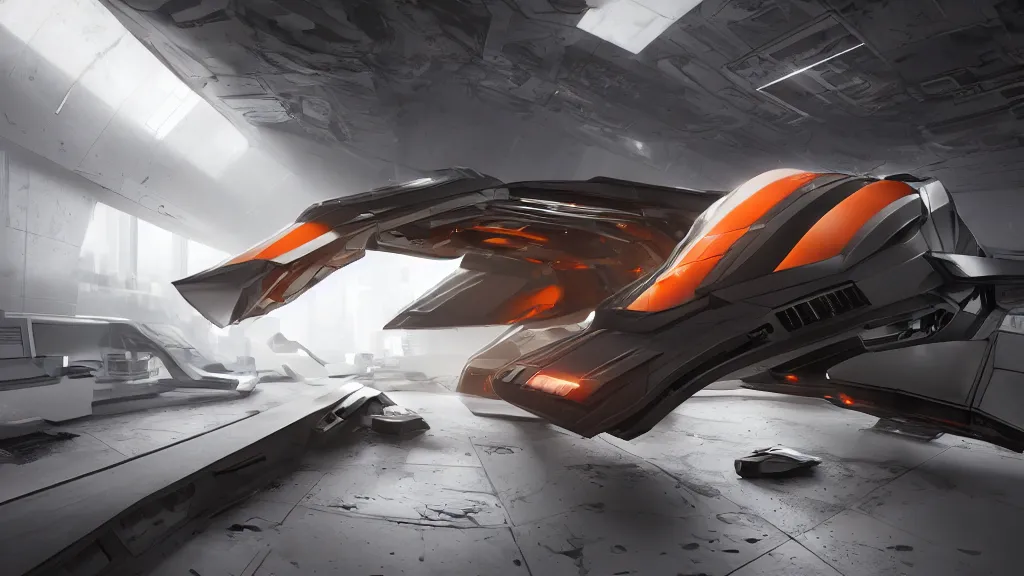 Image similar to a photorealistic dramatic hyperrealistic full frame render of a sleek futuristic interstellar spacecraft, ultra realistic details, glossy white metal, orange racing stripes, weathered surfaces, by vitaly bulgarov, mike nash, ben mauro, greg rutkowski, beautiful dramatic dark moody tones and lighting, cinematic atmosphere, studio lighting, shadows, dark background, octane render, 8 k