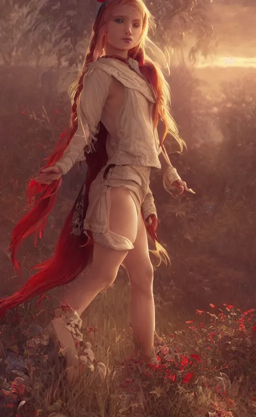 Prompt: full body shot of a young girl with blond twin tail hair and red eyes, ultra realistic, concept art, intricate details, eerie, highly detailed, photorealistic, octane render, 8 k, unreal engine, art by artgerm and greg rutkowski and alphonse mucha