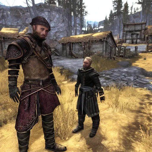 Image similar to jesse pinkman gets caught by riften town guard, tamriel, elder scrolls, skyrim, adventuring gear, highly detailed