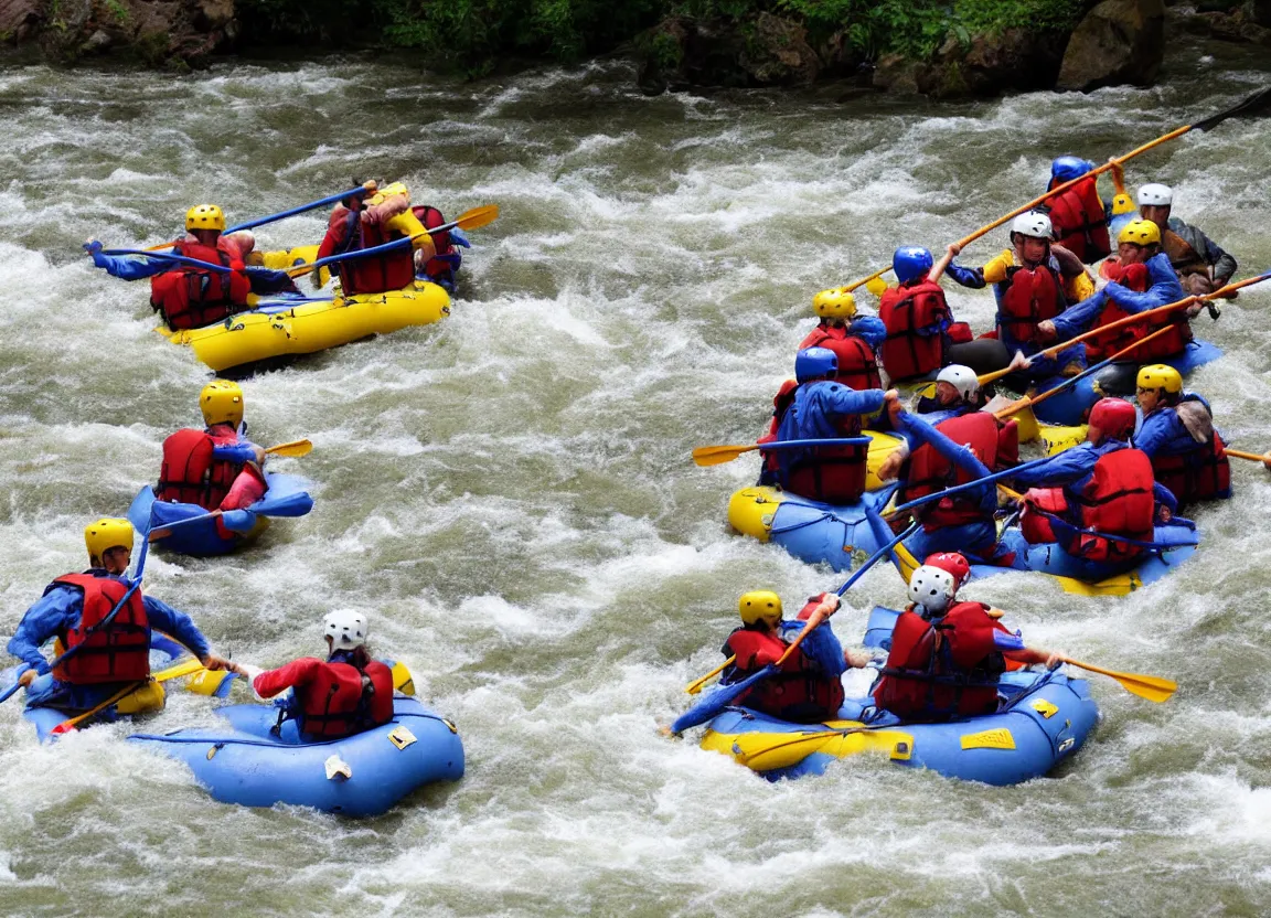 Prompt: river rafters going through class rapids by moebius, zoomed in