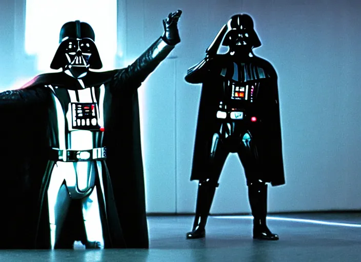 Image similar to film still of Darth Vader posing just like John Travolta on the cover of Saturday Night Fever, 4k