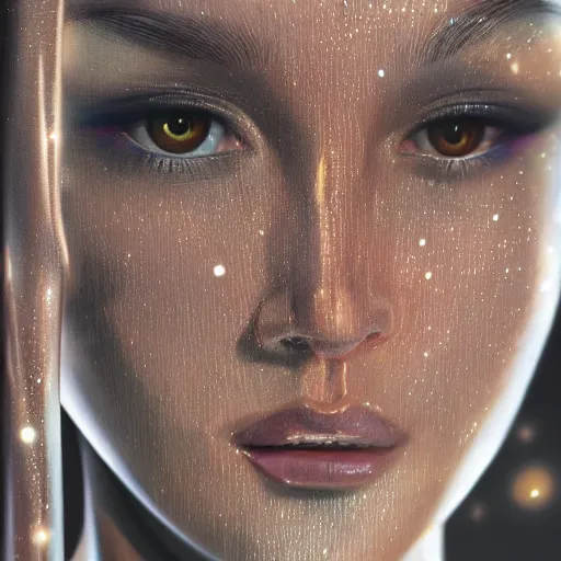 Prompt: closeup of sweating forehead, big drops of sweat, airbrush painting, forehead only, by Hajime Sorayama, symmetric face, beautiful face, highly realistic, star flares, trending on artstation, beautiful lighting, sharp, details, hyper-detailed, HD, HDR, 4K, 8K