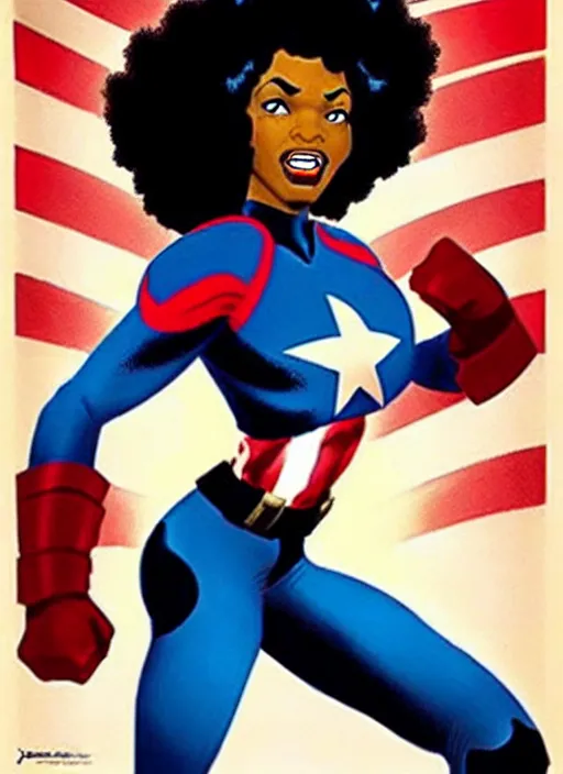 Image similar to beautiful black female captain america. afro - feminist captain america wins wwii. american wwii propaganda poster by james gurney, rob liefeld and pixar. gorgeous face. overwatch, realistic. black power