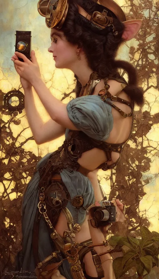 Image similar to hyper realistic photographer taking a picture of a cat, magical, steampunk, painted by tom bagshaw, mucha, gaston bussiere, craig mullins, j. c. leyendecker 8 k