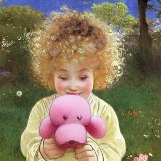 Image similar to a beautiful smiling little [[[[[[[[blonde toddler]]]]]]]]] girl with short loosely curly hair, at the park on a beautiful day, holding a round all-pink stuffed penguin, by Artgerm, Mucha Klimt, Hiroshi Yoshida and Craig Mullins, featured on Artstation, CGSociety, Behance HD, Deviantart