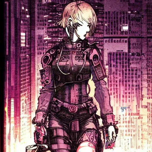 Prompt: android, killer - girl, 1 / 8 katsuya terada, style of cyberpunk, night, city,