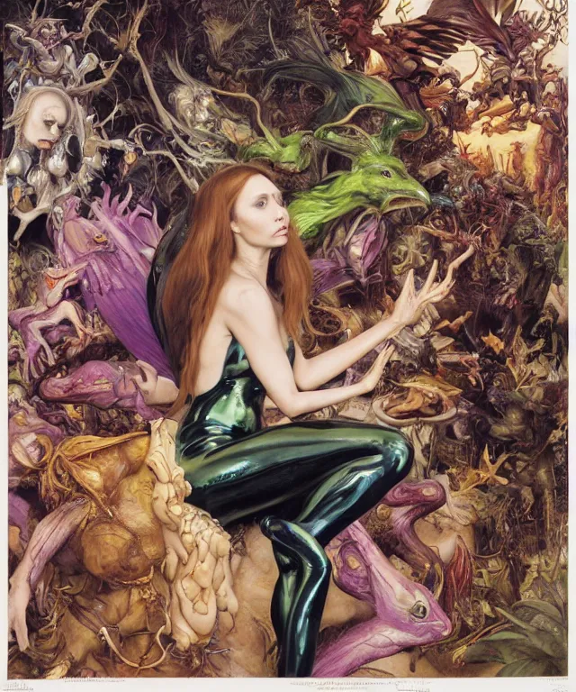 Prompt: a portrait photograph of a fierce mutated harpy super villian with slimy skin. she looks like elizabeth olsen and is meditating in a colorful infected bulbous shiny organic catsuit. by donato giancola, hans holbein, walton ford, gaston bussiere, peter mohrbacher and brian froud. 8 k, cgsociety, fashion editorial