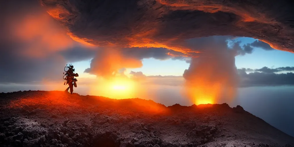 Image similar to amazing landscape photo of a scuba diver!!! standing on the volcano crater at sunrise by Charlie Waite and Marc Adamus beautiful dramatic lighting, surrealism