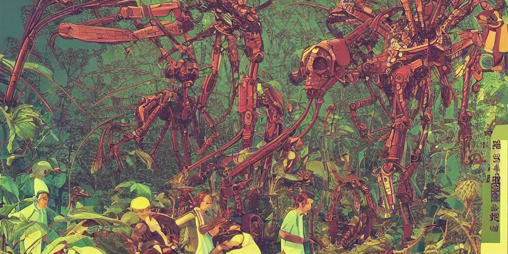 Prompt: gigantic robotic dragonflies with lasers with human faces catch tiny robots, a lot of exotic plants around, big human faces everywhere, risograph by satoshi kon and moebius, no text!, matte bright colors, surreal design, super - detailed, a lot of tiny details, fullshot