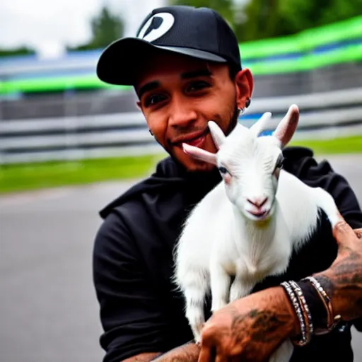 Prompt: an award winning photo of lewis hamilton holding a baby goat, 4 k