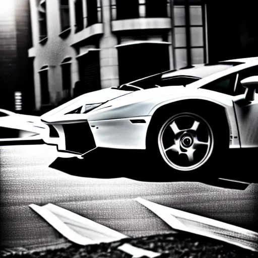 Prompt: black and white press photograph of a man in a suit pushing a lamborghini that is out of gas on a busy city street, sideview, detailed, natural light, mist, film grain, soft vignette, sigma 5 0 mm f / 1. 4 1 / 1 0 sec shutter, imax 7 0 mm footage