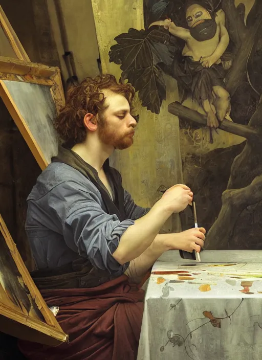 Image similar to a young painter in his studio painting a picture of pepe the frog, by edgar maxence and caravaggio and michael whelan and delacroix style, artistic, intricate drawing, cinematic lighting, hyper realistic, extremely detailed, establishing shot, 8 k resolution, dramatic lighting