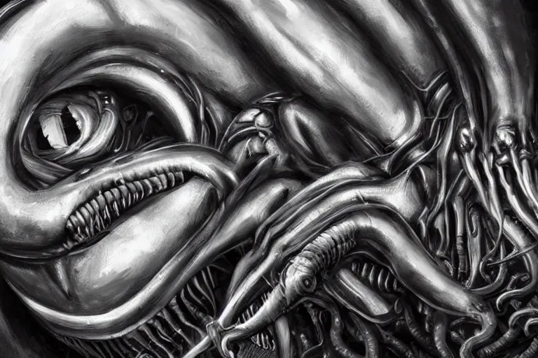 Prompt: ultra realist soft painting of a single xenomorph so scary one glance is enough to drive a man insane, tentacles, eyes, very intricate details, ultra dense fog, golden ratio, volumetric black and white lighting, reflections, refractions, symmetry accurate anatomy features, unreal render