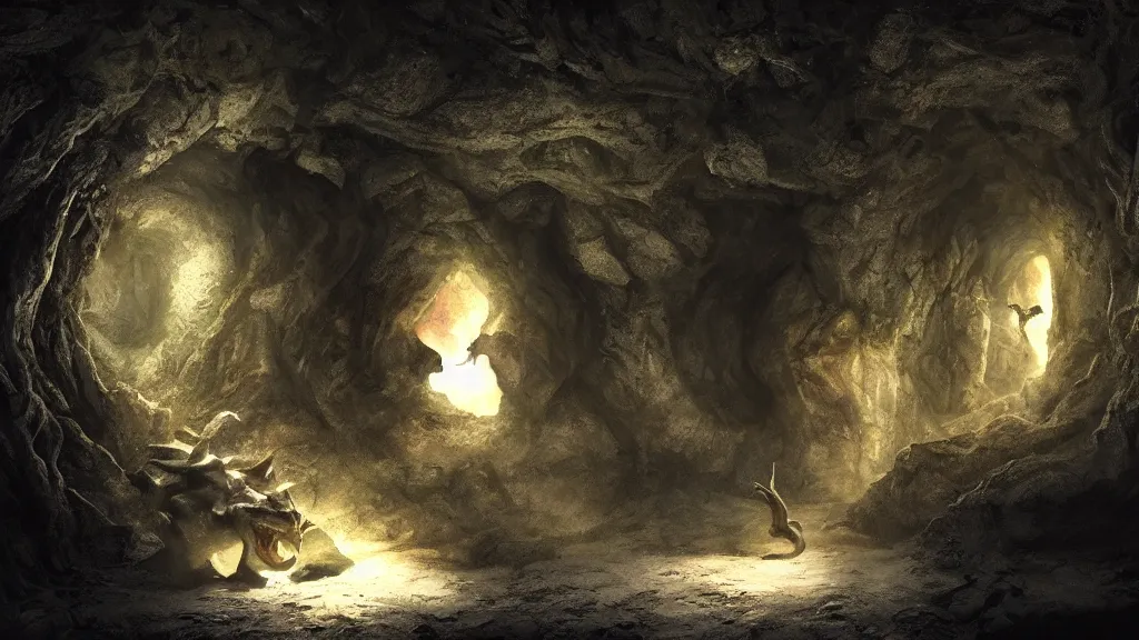 Prompt: tiny dragon in a secret cave, dark, spooky, dreamlike, in the style of 1 3 ghosts movie, low light, hyperrealistic, coherent composition, artstation, matte painting, concept art, edward hughes