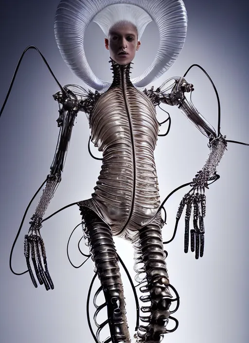 Prompt: walking down the catwalk, show, stage, vogue photo, podium, fashion show photo, historical baroque dress, iris van herpen, beautiful woman, full body shot, masterpiece, inflateble shapes, alien, plant predator, guyver, jellyfish, wires, veins, white biomechanical details, wearing epic bionic cyborg implants, highly detailed
