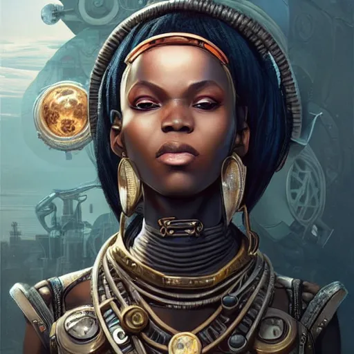 Prompt: african steampunk alchemist, science fiction, highly detailed, digital painting, beautiful eyes, symmetry, concept art, sharp focus, illustration, detailed and intricate environment, art by artgerm and greg rutkowski and magali villeneuve and ilya kuvshinov!