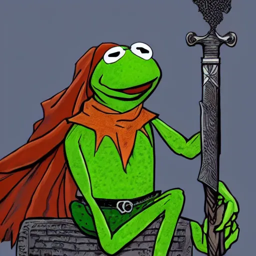 Prompt: kermit the frog as a barbarian warlord, sword and sorcery art