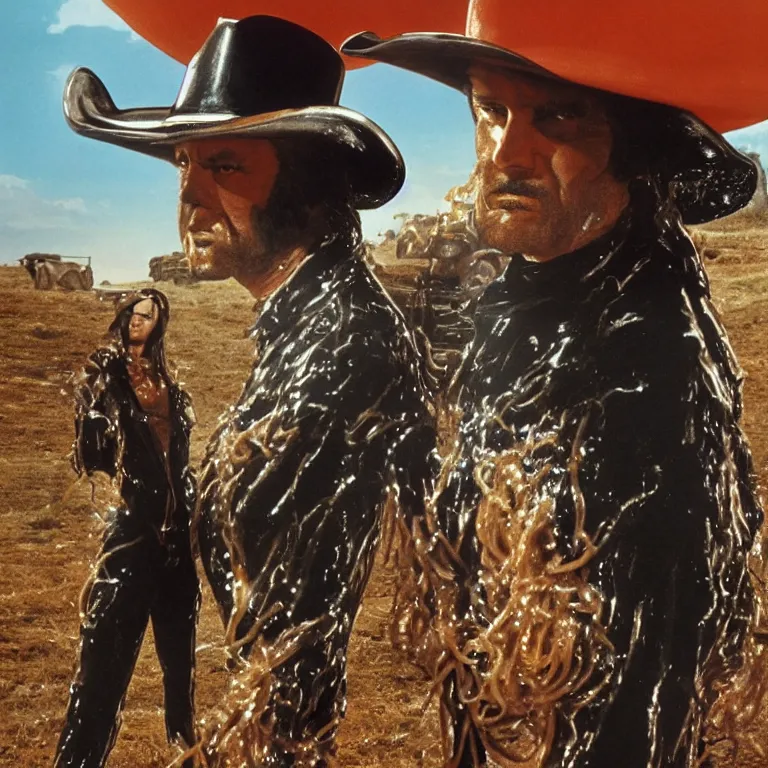 Prompt: 1 9 7 0's spaghetti western film octane render portrait by wayne barlow and carlo crivelli and glenn fabry, a man wearing a shiny black latex suit and cowboy hat covered in colorful slime, standing in a scenic western landscape, cinema 4 d, ray traced lighting, very short depth of field, bokeh