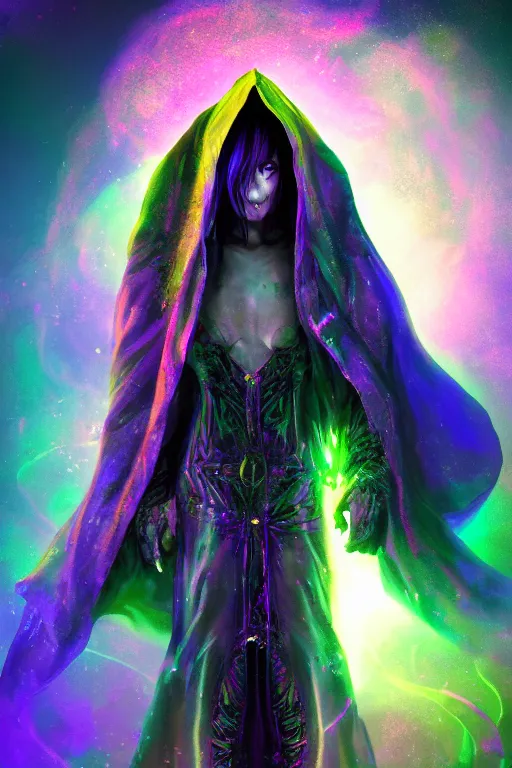 Prompt: a psychedelic full body portrait of a mysterious sorceress with a very long hooded cloak made of stars and clouds, by maciej kuciara and jason chan, ominous, cosmic horror, trending on artstation, ultra detailed, hyper realistic 4 k, volumetric light, iridescent, rainbow colors