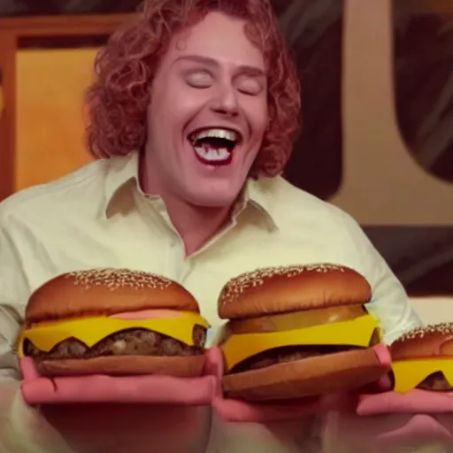 Image similar to laughing cheeseburger reaction image, movie still