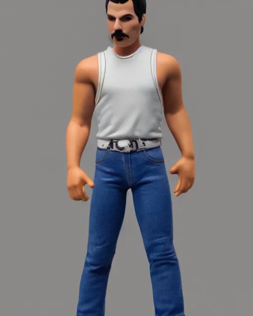 Image similar to full body 3 d render of freddie mercury, white sleeveless tank top blue jeans as a funko pop!, four, studio lighting, white background, single body, no shadow, blender, trending on artstation, 8 k, highly detailed