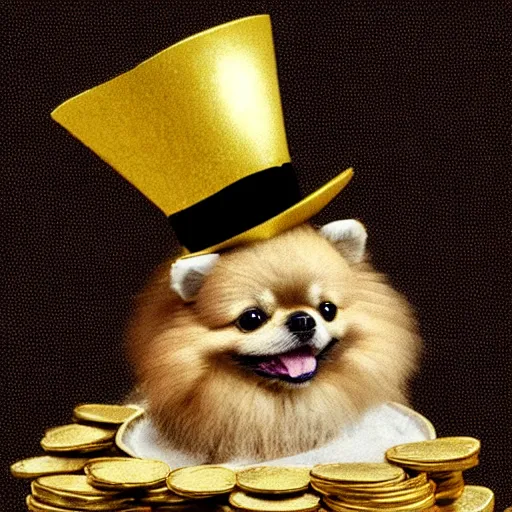 Image similar to A pomeranian wearing a top-hat and a monocle, sitting on a pile of gold coins