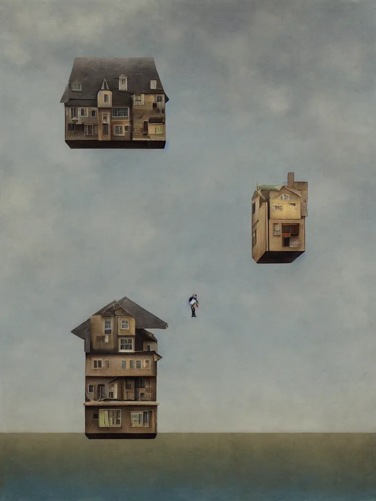 Prompt: artist cinta vidal painting on wooden canvas of house floating in the air,