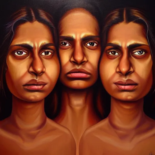 Image similar to a painting of a brown woman terrified of three brown men, hyperrealistic faces, detailed digital art, aesthetic!, trending on artstation,