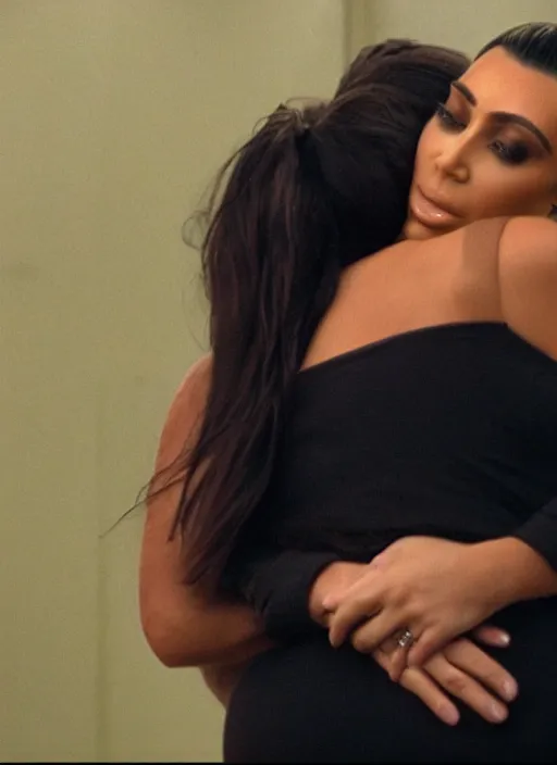 Image similar to film still of kim kardashian hugging bubbles from trailer park boys.