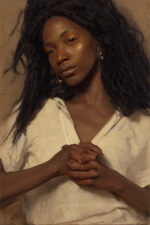 Prompt: portrait of an african american woman with long hair, relaxed hand, by jeremy lipking, joseph todorovitch