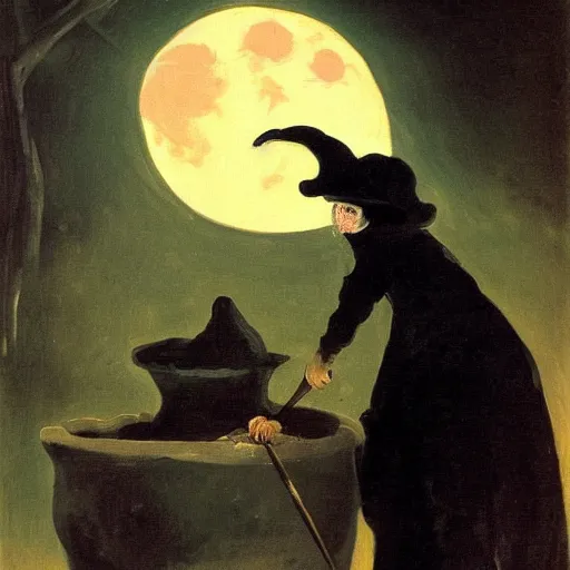 Prompt: An old wrinkled witch dressed in black stirring her cauldron under the moon light. Oil painting by Francisco de Goya.