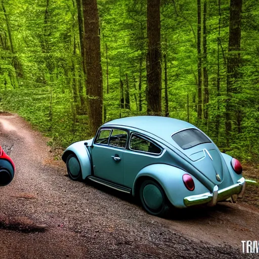 Image similar to promotional scifi - mystery movie scene of a ( volkswagen beatle ) and ladybug hybrid that's more ladybug. racing down a dusty back - road in smokey mountains tennessee. cinematic, 4 k, imax, 7 0 mm, hdr