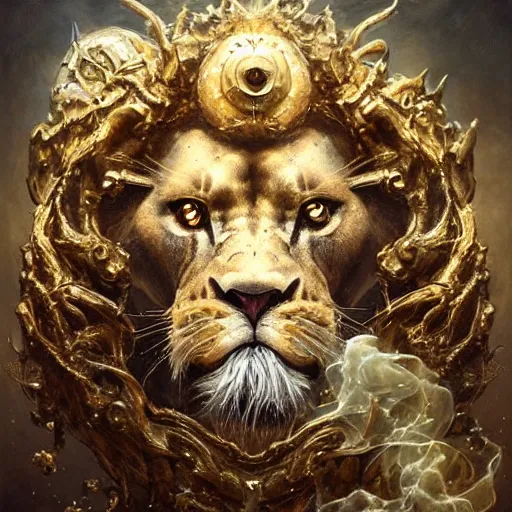 Prompt: a beautiful detailed 3d matte portrait of a alchemist lion, by ellen jewett, by tomasz alen kopera, by Justin Gerard, ominous, magical realism, texture, intricate, skull, skeleton, gold coins, money, whirling smoke, alchemist bottles, radiant colors, fantasy, volumetric lighting, high details