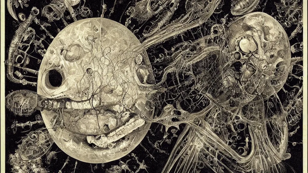 Prompt: a beautiful dreamy painting of a coronavirus inside a broken television screen, smiling alien, dark, sinister, detailed, high contrast, art by Ernst Haeckel and Matt Lombardi