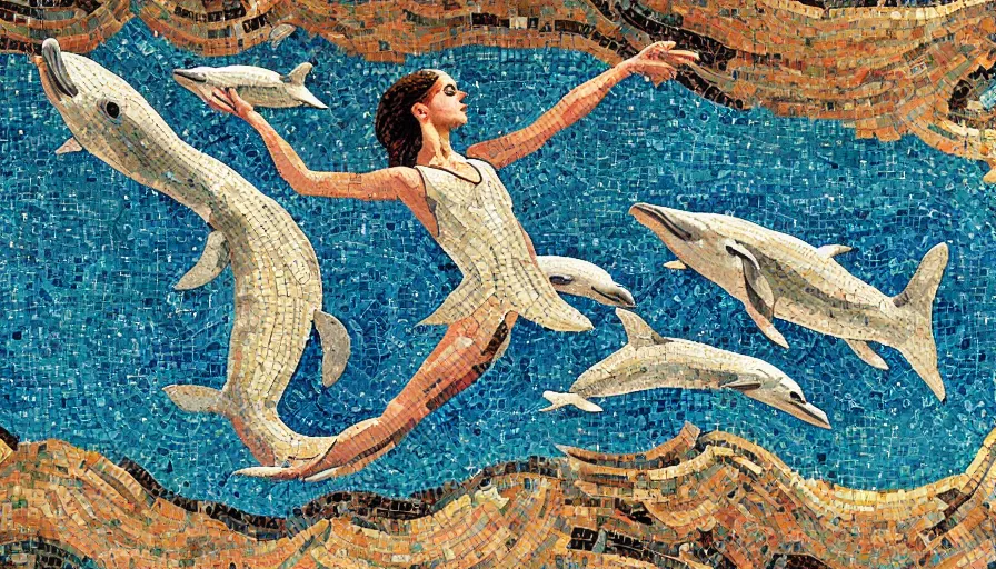 Image similar to giant roman mosaic of legendary prima ballerina in sea with fish and dolphins and waves on a natural cave wall, ornemental decoration, octane, artstation, illustration, stylised