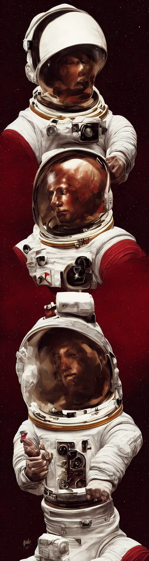Image similar to a detailed bust of an astronaut art by caravaggio, dynamic lighting, gradient dark red, cream and white color scheme, cinematic, epic composition, hd, digital painting, digital art, concept art, illustration, comic art, stylized, masterpiece, award - winning