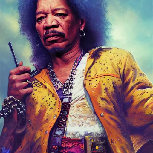 Image similar to UHD movie still of Morgan Freeman as Jimmy Hendrix, by Antonio Caparo and Ferdinand Knab and Greg Rutkowski, UHD, photorealistic, trending on artstation, trending on deviantart