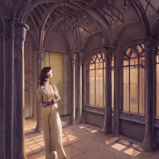 Image similar to detailed face of an intelligent scholarly woman with kind eyes in a architectonic ionic courtyard at a science expo, atmospheric, ambient, pj crook, syd mead, livia prima, artgerm, greg rutkowski, nick alm, casey baugh