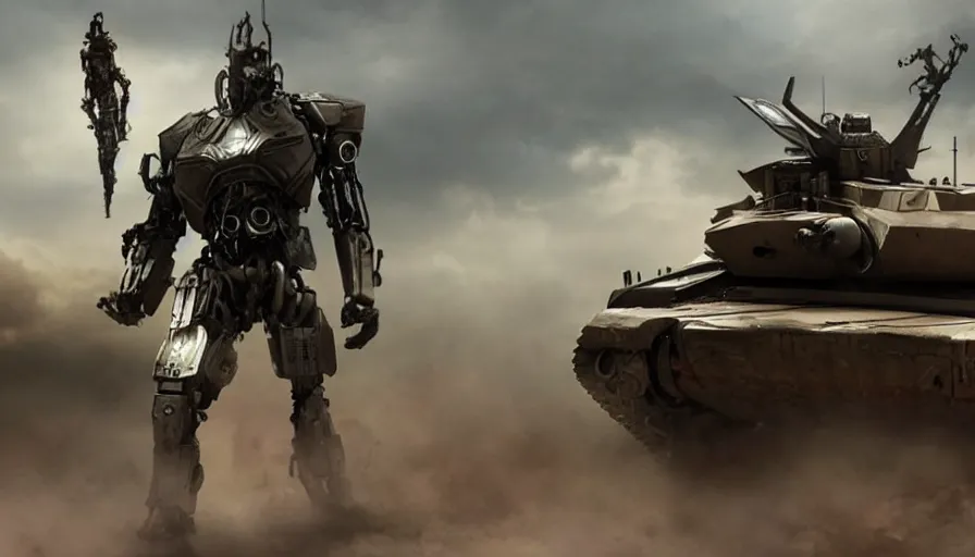 Prompt: Big budget movie about a cyborg demon fighting a heavily armored tank in a city