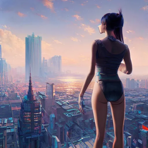 Image similar to a ultra detailed beautiful painting of a young woman on top of a building looking at a cyberpunk city, a view from behind, oil panting, high resolution 4 k, by ilya kuvshinov, greg rutkowski and makoto shinkai