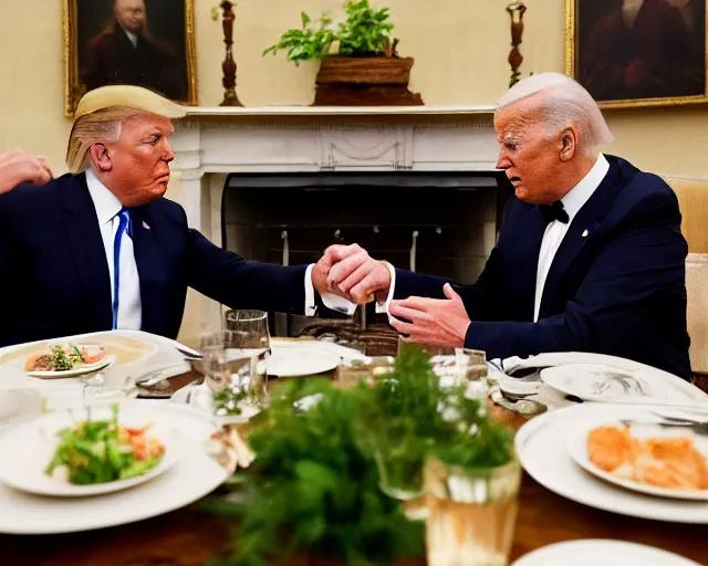 Image similar to Trump and Biden having dinner at a fancy Greek restaurant, award winning cinematic photography, 50 mm, blurred background, trending on twitter