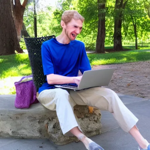 Image similar to tall pale skinny caucasian man with curly blonde hair with mismatching socks and capri pants holding laptop computer and laughing