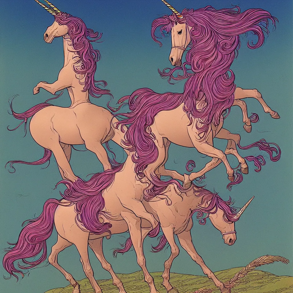 Image similar to woman riding a unicorn by moebius