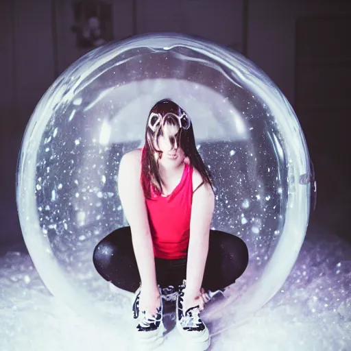 Prompt: a teenage emo girl squatting inside a giant snowglobe, editorial photography, in a photo studio