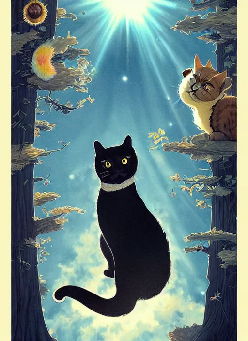 Image similar to a hyper realistic ink cat and the meaning of life and sunbeams blue sky, lush forest poster art by chiara bautista and kim jung giu and norman rockwell and greg rutkowski weta studio, and lucasfilm