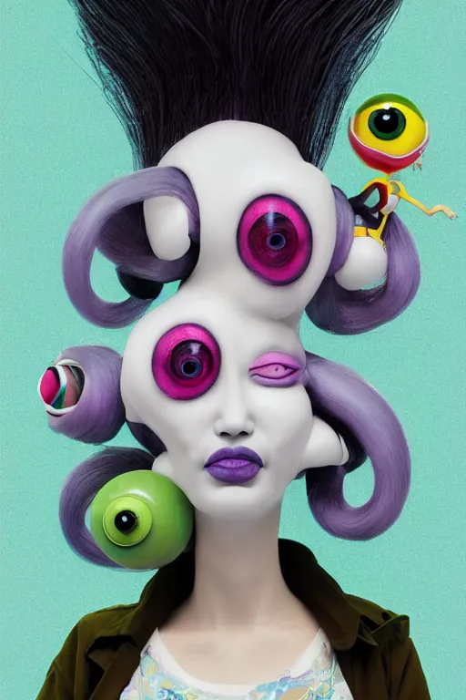 Prompt: 3 d full head and shoulders beautiful white porcelain woman with colourful big eyeballs all through her hair, ornate detailed hair, 3 d swirling hair by theodor seuss geisel and daniel arsham and xiang duan, simon stalenhag john waters, dr seuss kim jung gi, on a white background