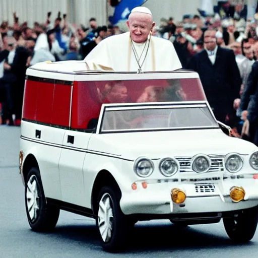 Prompt: a high-quality photo of john paul II doing a sick drift in his popemobile