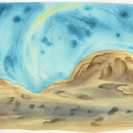 Prompt: a beautiful landscape of an alien planet, with strange terrain and manmade structures not found on earth, watercolor over graphite on vellum golden accented