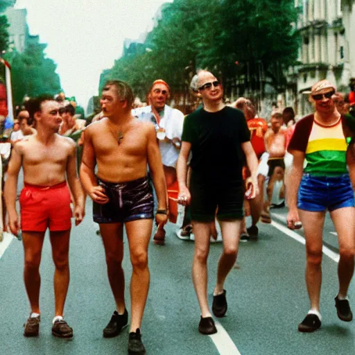 Prompt: photo of putin wearing short shorts in gay pride parade, cinestill, 800t, 35mm, full-HD