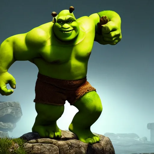 Image similar to shrek as the hulk, wide shot, dramatic lighting, octane render, hyperrealistic, high quality, HD, cinematic